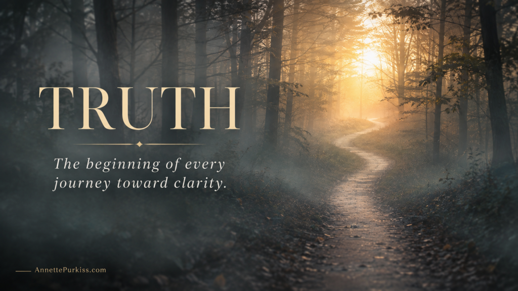 A winding forest path emerging from morning fog toward warm golden sunlight, symbolizing the journey from truth to clarity